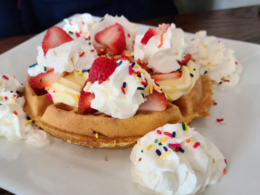 Waffle with Bavarian Cream and Fresh Strawberries